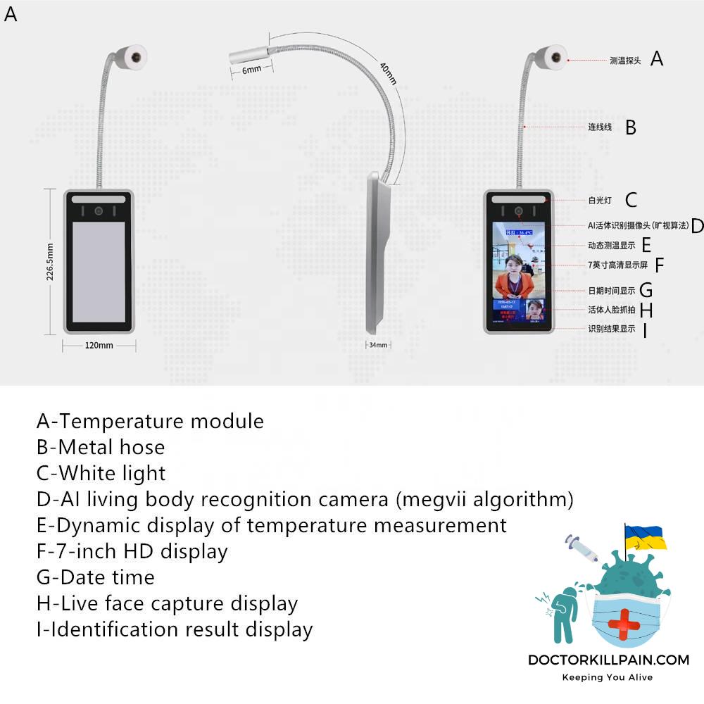 7 inch AI Human Body face Temperature Measurement Camera Color Face Recognition Body temperature Alarm Affordable Multilingual