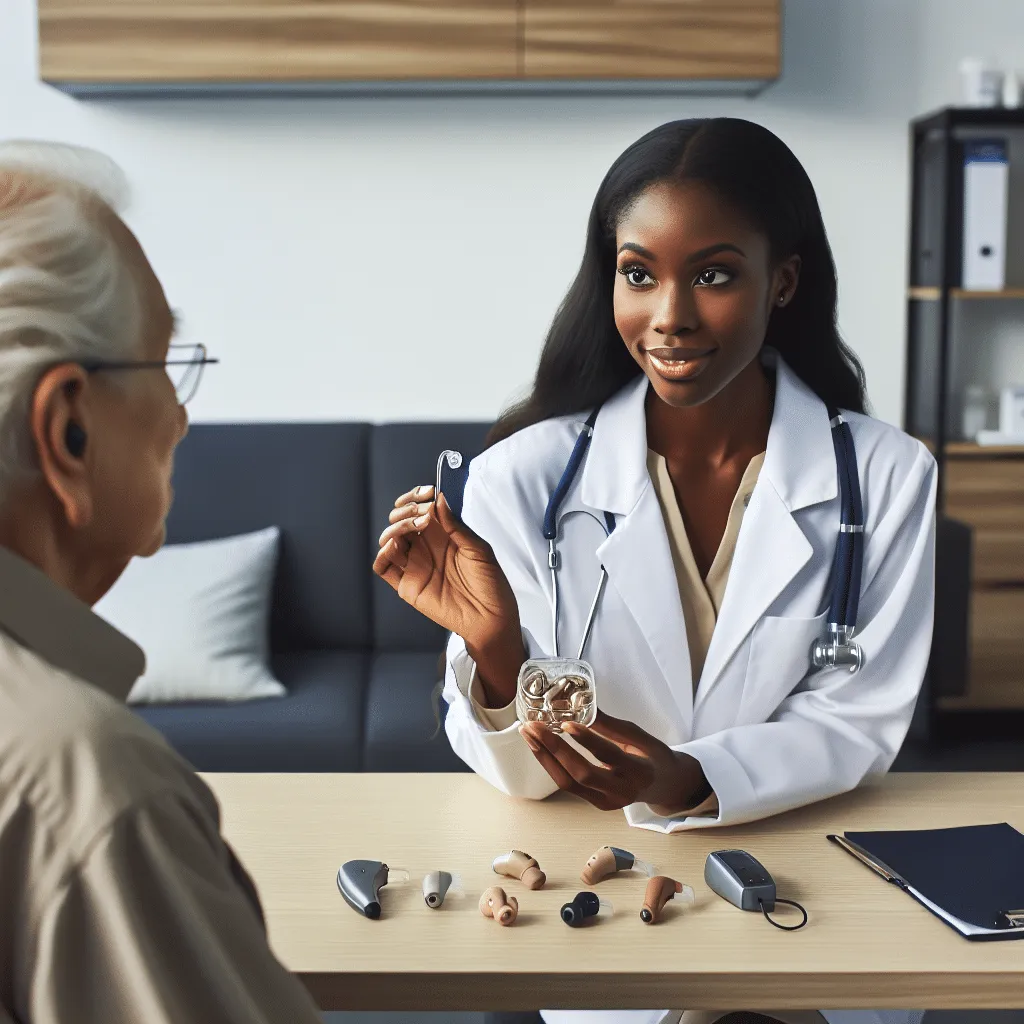 Doctor advising patient on the best hearing aids for the patient's severe hearing loss